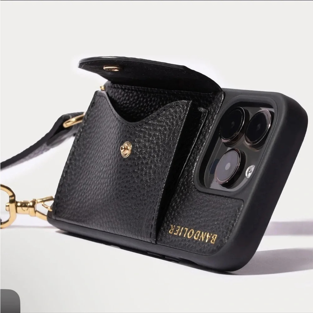 Bandolier Black Leather Phone Crossbody For 15 pro max